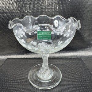 Eamon Glass Engraved Clover Ireland Swirl Footed Compote Dish Bowl Clear Glass